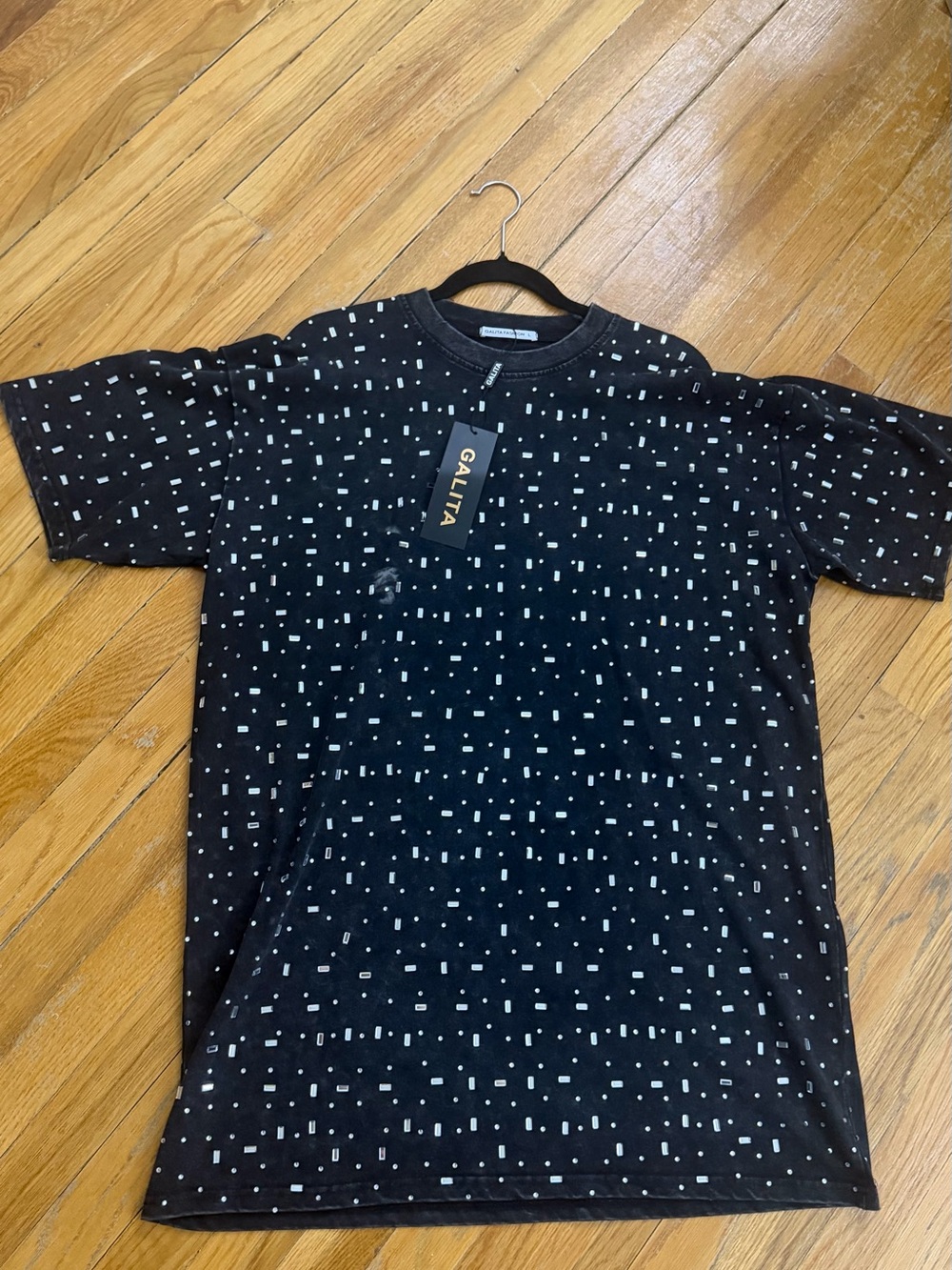 Black Short-Sleeve Oversized Tshirt Dress with Rhinestones